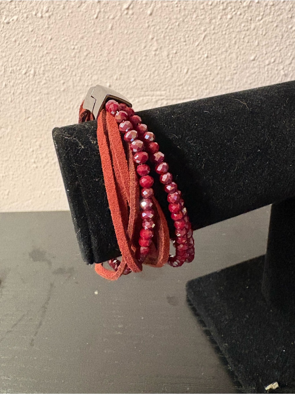 Burgundy Multistrand Beaded Faux Suede Magnetic Clasp Bracelet